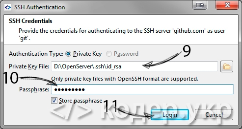 SmartGit, вводим путь к файлу с секретным ключем SSH, и пароль к ниму